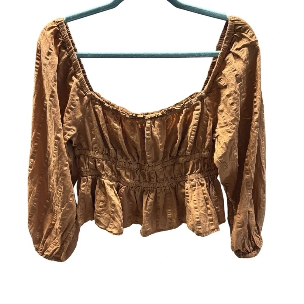 J.CREW Re-Imagined Brown Smocked Peplum Blouse | Size L